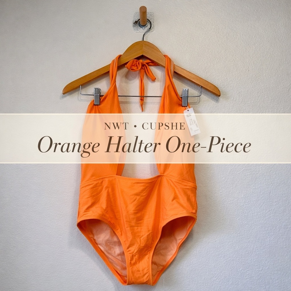 CUPSHE Orange Halter Plunge One-Piece Swimsuit NWT Size L